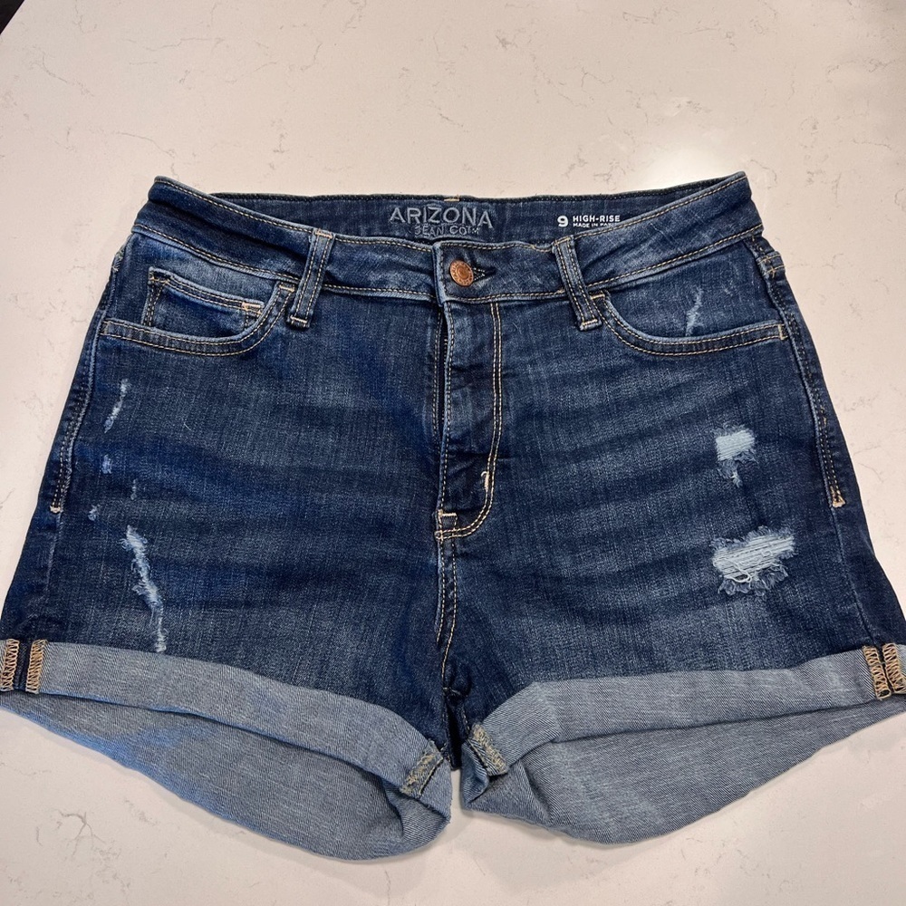 Arizona Junior High Rise Denim Shorts Distressed - Dark Blue - 9